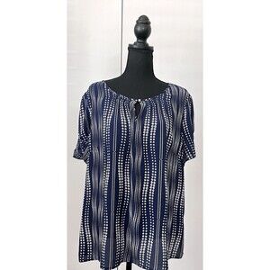 Talbots Petite Blue‎ Multicolor Wavy Dots Top Blouse Keyhole Short Sleeve XL